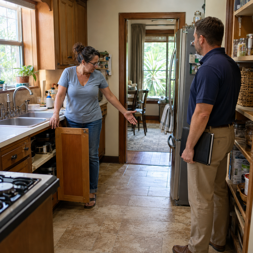 A Lafayette homeowner explains kitchen workflow while a remodeling contractor listens.