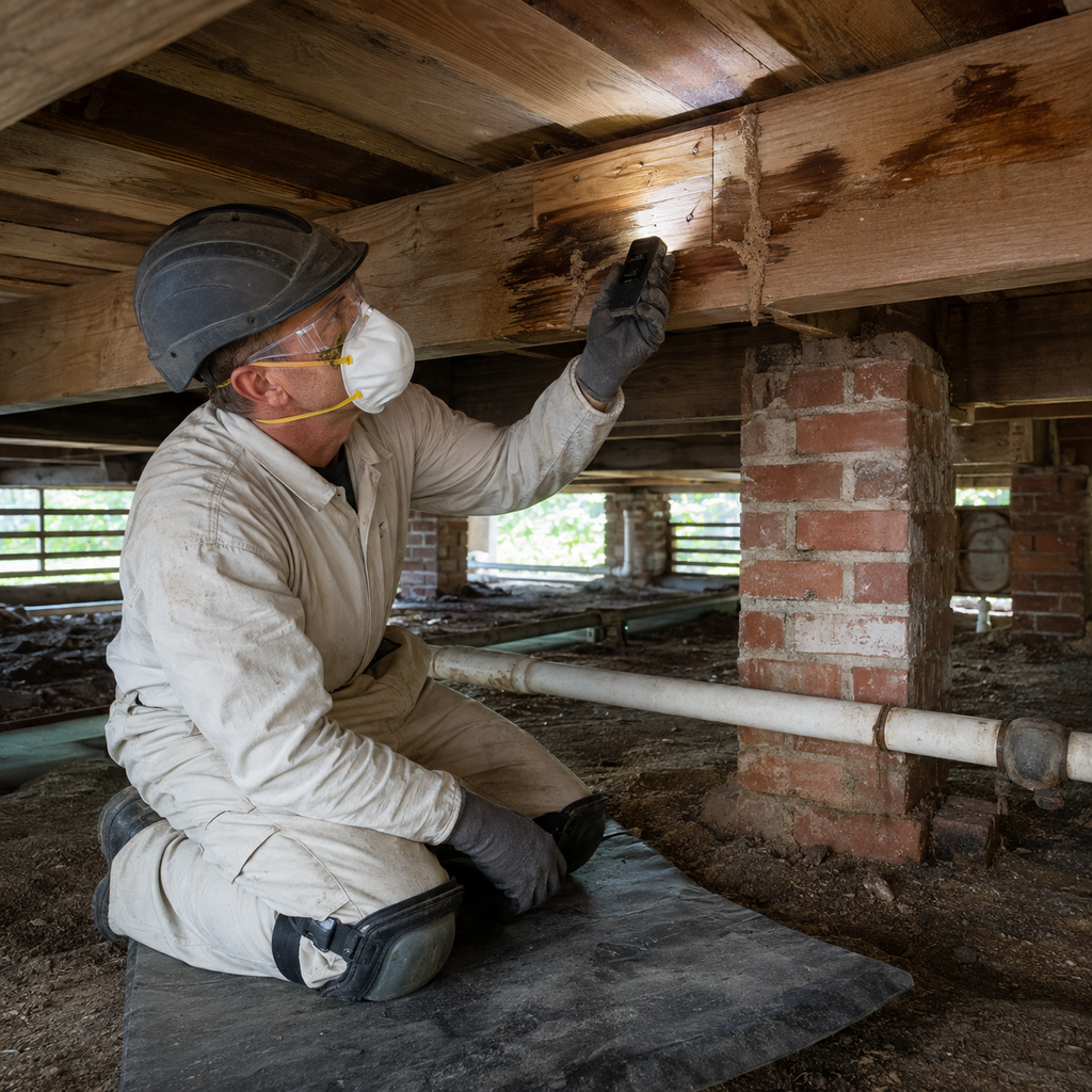 Inspector checks crawl-space framing for moisture and termite damage beneath a Lafayette home.