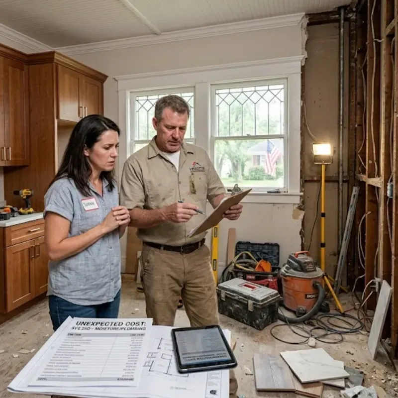 Kitchen remodeling budget planning consultation in Lafayette LA with contractor reviewing renovation costs and contingency expenses in older Louisiana home