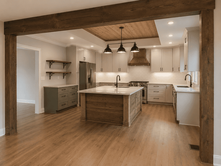 Modern open kitchen with wood beams, white cabinets, central island, and hardwood floors.