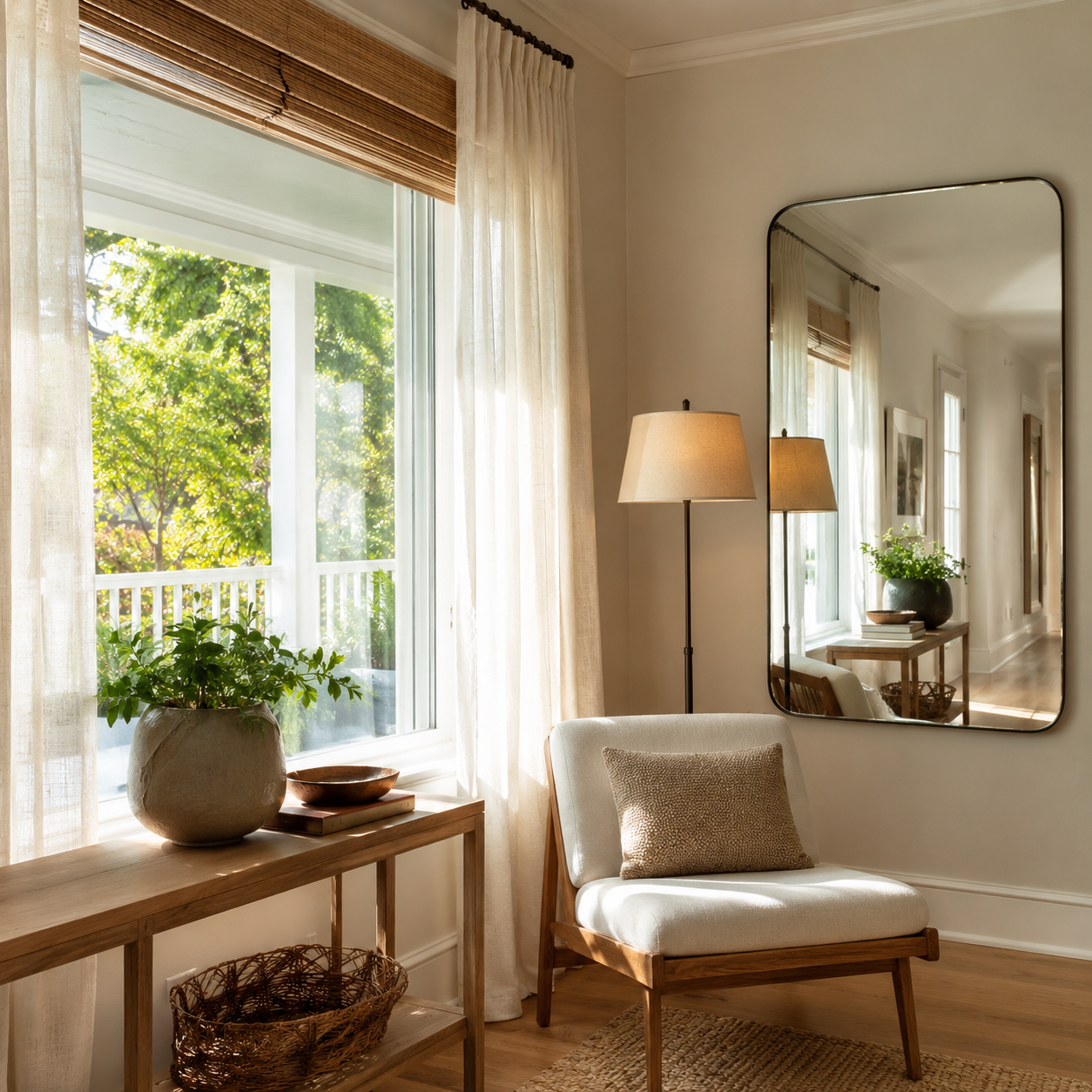 Sunlight enters a Lafayette living room through sheer curtains and reflects from a wall mirror.