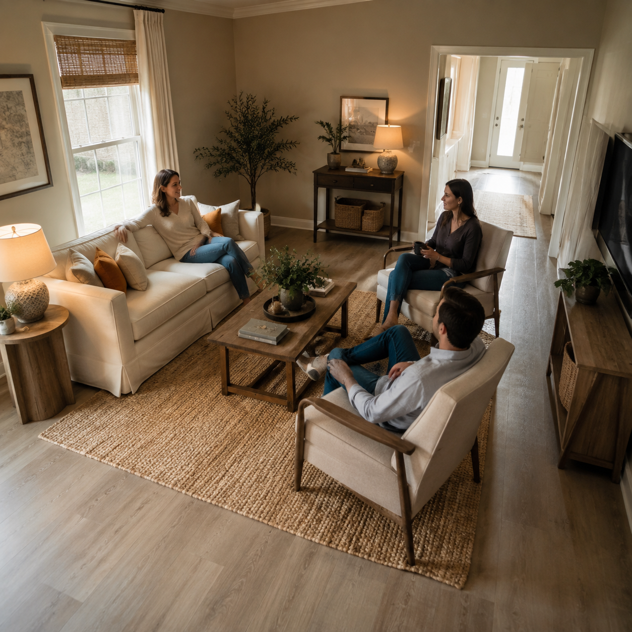 Three adults converse in a Lafayette living room with seating arranged around a rug and clear walkway.