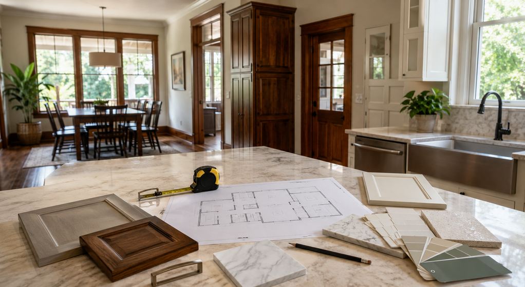 Remodeling plans and finish samples arranged inside a Lafayette kitchen.