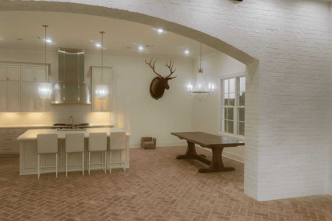 Finished kitchen remodel in Lafayette, LA with white cabinets, island, and dining table, brick floor, deer head, and archway.