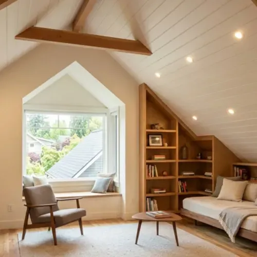 A cozy attic living space with wooden beams, built-in shelving, a lounge chair, a window seat, and a daybed.