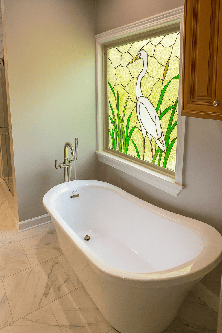 Bathroom remodel in Lafayette, LA, with a freestanding white bathtub by a stained-glass window with a heron in a bathroom.