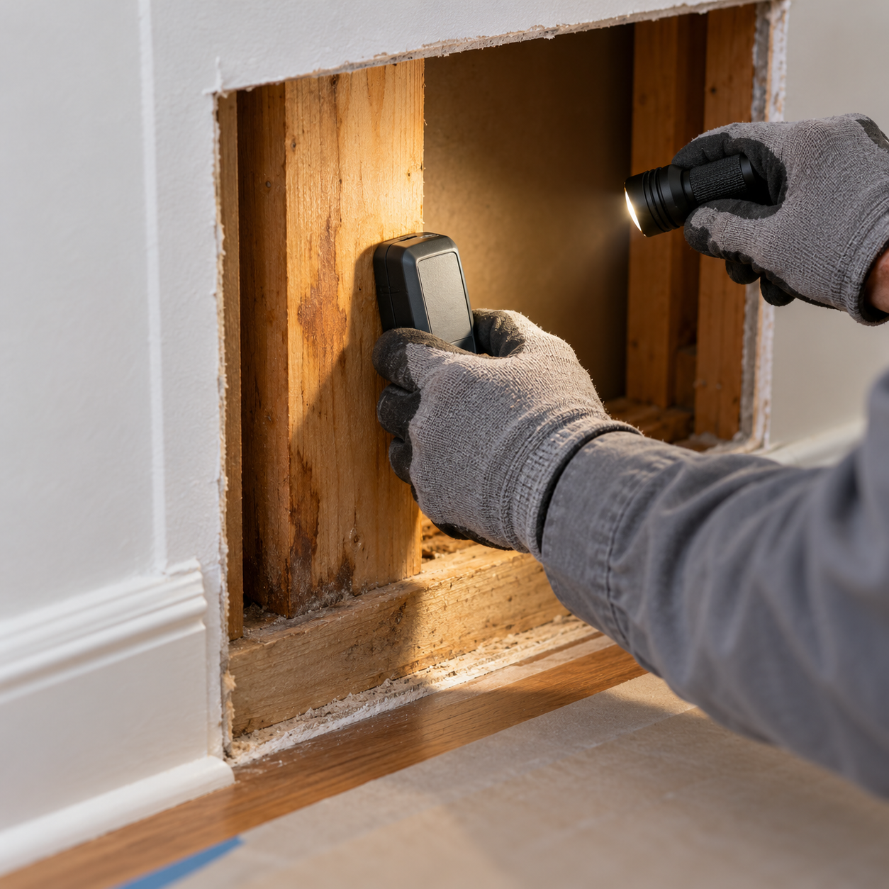 Gloved hands check exposed wood framing with a moisture meter and flashlight through a small drywall opening.