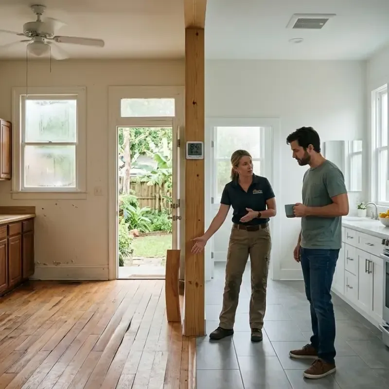 Moisture-resistant kitchen cabinets and engineered wood flooring in Lafayette, Louisiana home remodel designed for humid climate