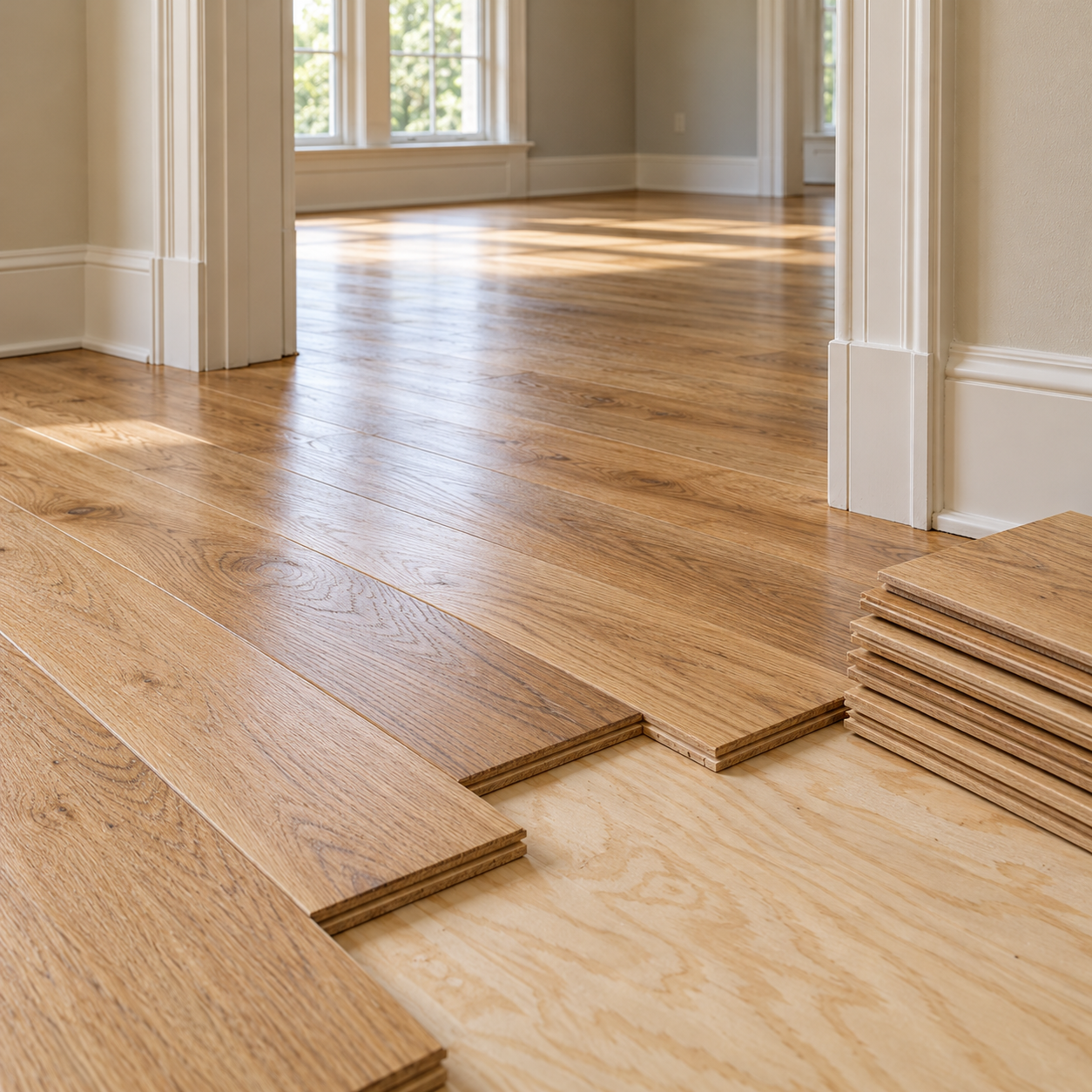 Oak flooring installation extends through a doorway, linking the renovation work in adjoining rooms.