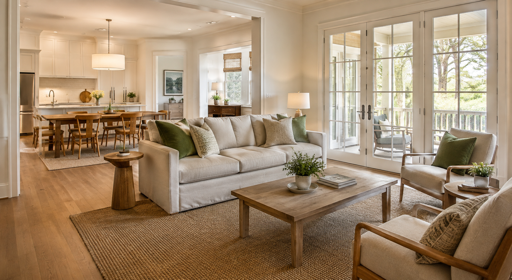Open Lafayette living room with clear paths connecting the seating, dining, and kitchen areas.