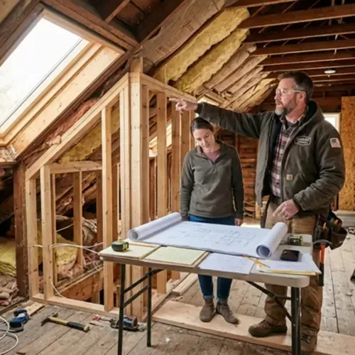 A person in work gear points to a skylight while reviewing construction blueprints with another person in an attic.