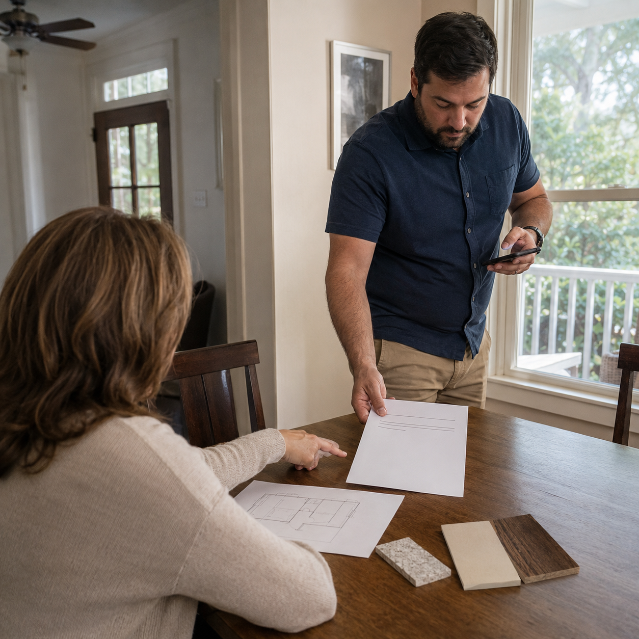 A distracted contractor rushes a Lafayette homeowner during a remodeling consultation.
