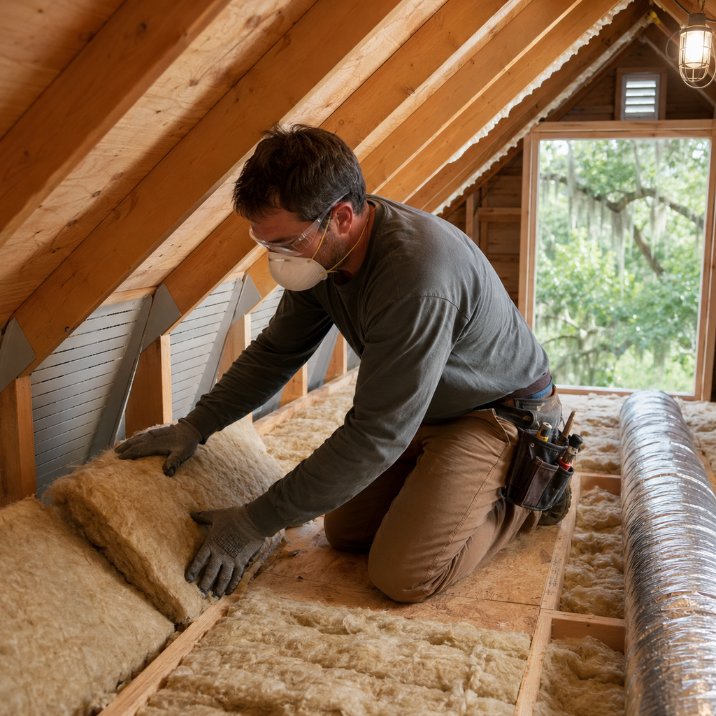 Remodeler installs attic insulation beside roof vents in a Lafayette home.