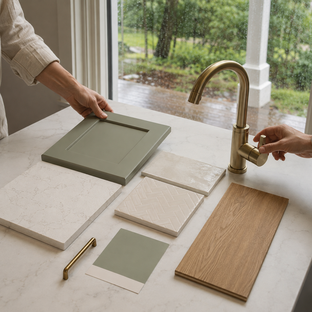 Cabinet, tile, flooring, fixture, and countertop samples are organized before a Lafayette remodel.