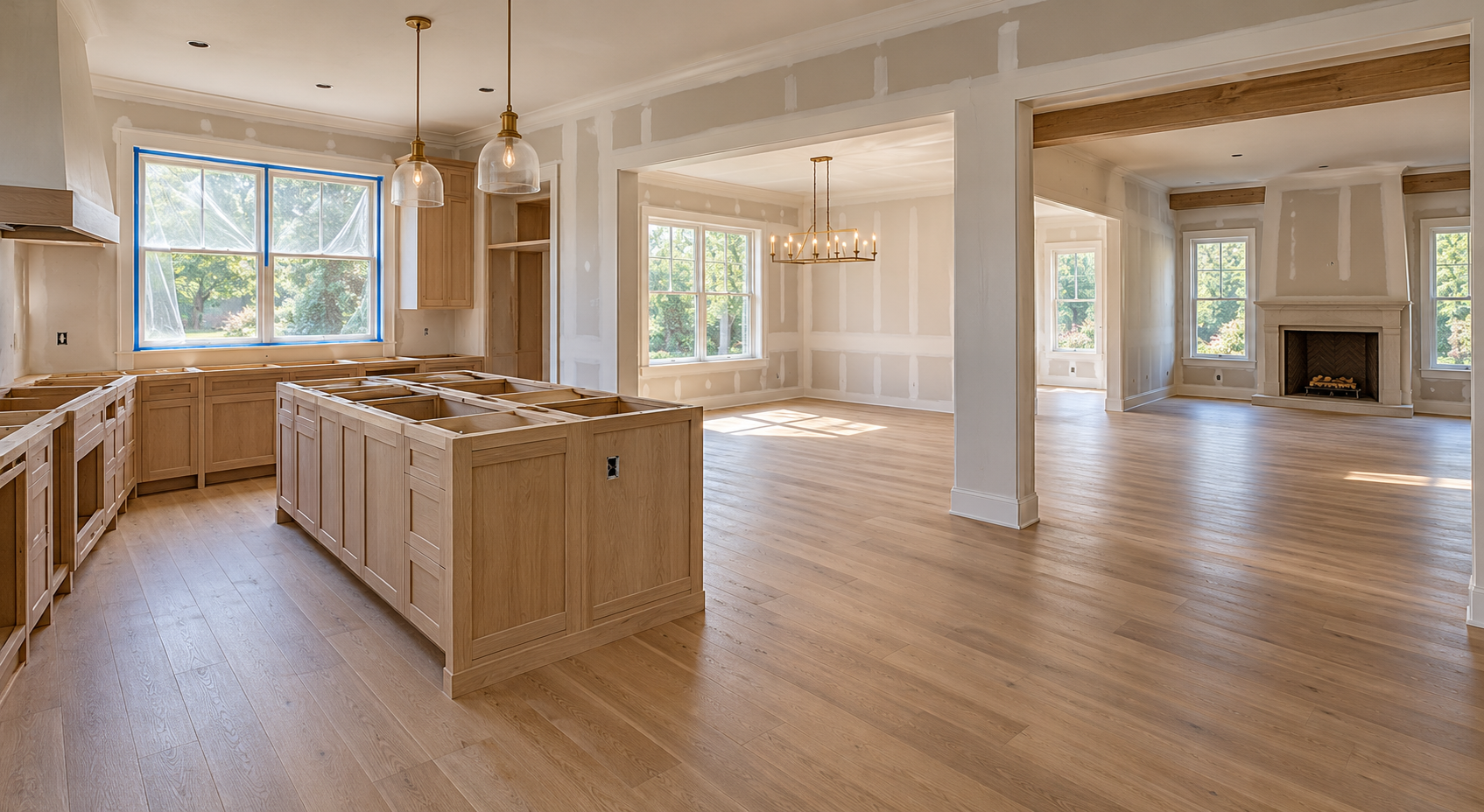 Connected kitchen, dining, and living spaces with unfinished cabinetry and patched walls during reno