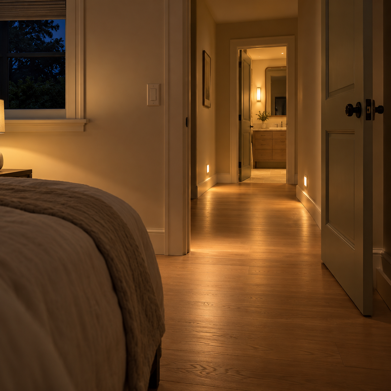 Low wall lights illuminate an uncluttered nighttime path from the bed to the bathroom.