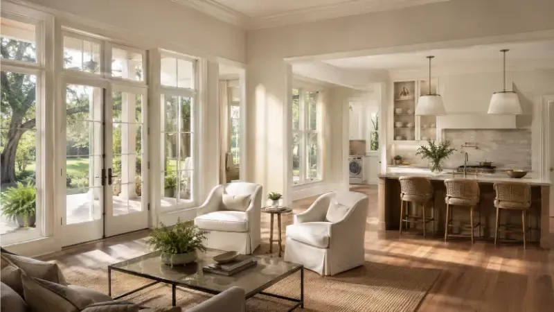 Bright, newly remodeled open-concept living room and kitchen featuring a cohesive neutral color palette