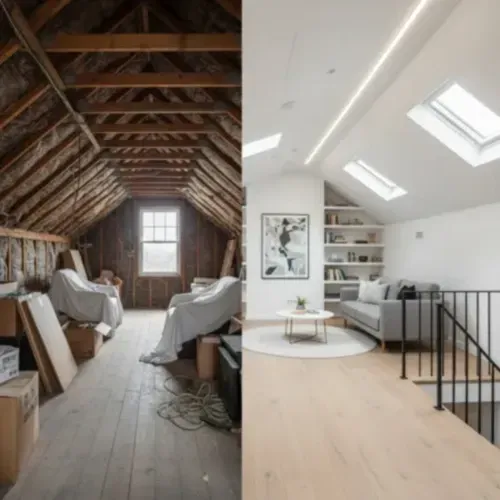 Before-and-after photo: an unfinished attic with exposed rafters next to a renovated living room with skylights.