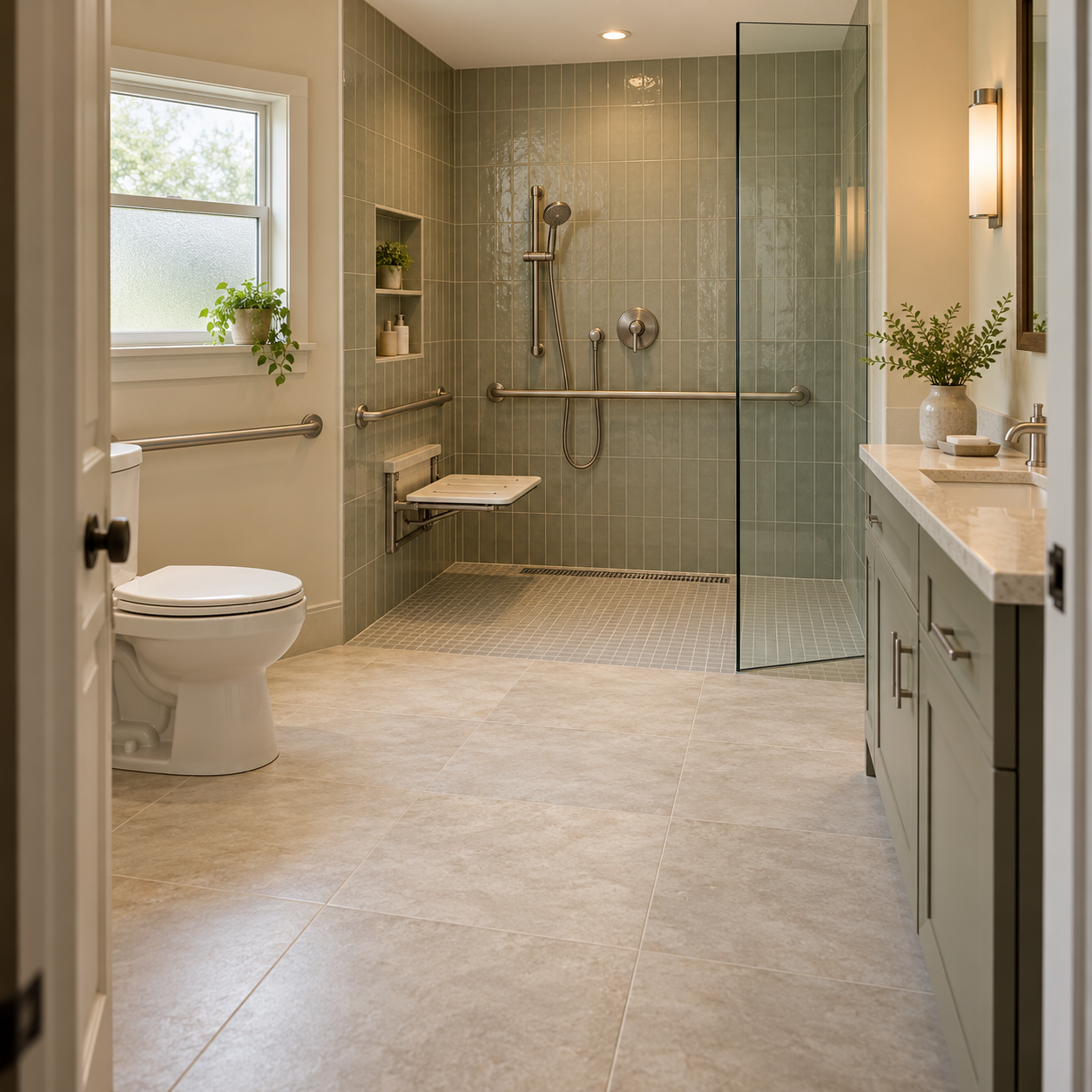A bathroom has open floor space, a curbless shower, a fold-down seat, and wall-mounted grab bars.