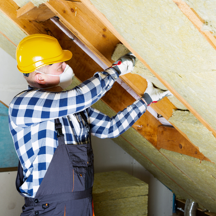 A worker in a yellow hard hat and protective mask installs yellow fiberglass insulation between wooden roof rafters.
