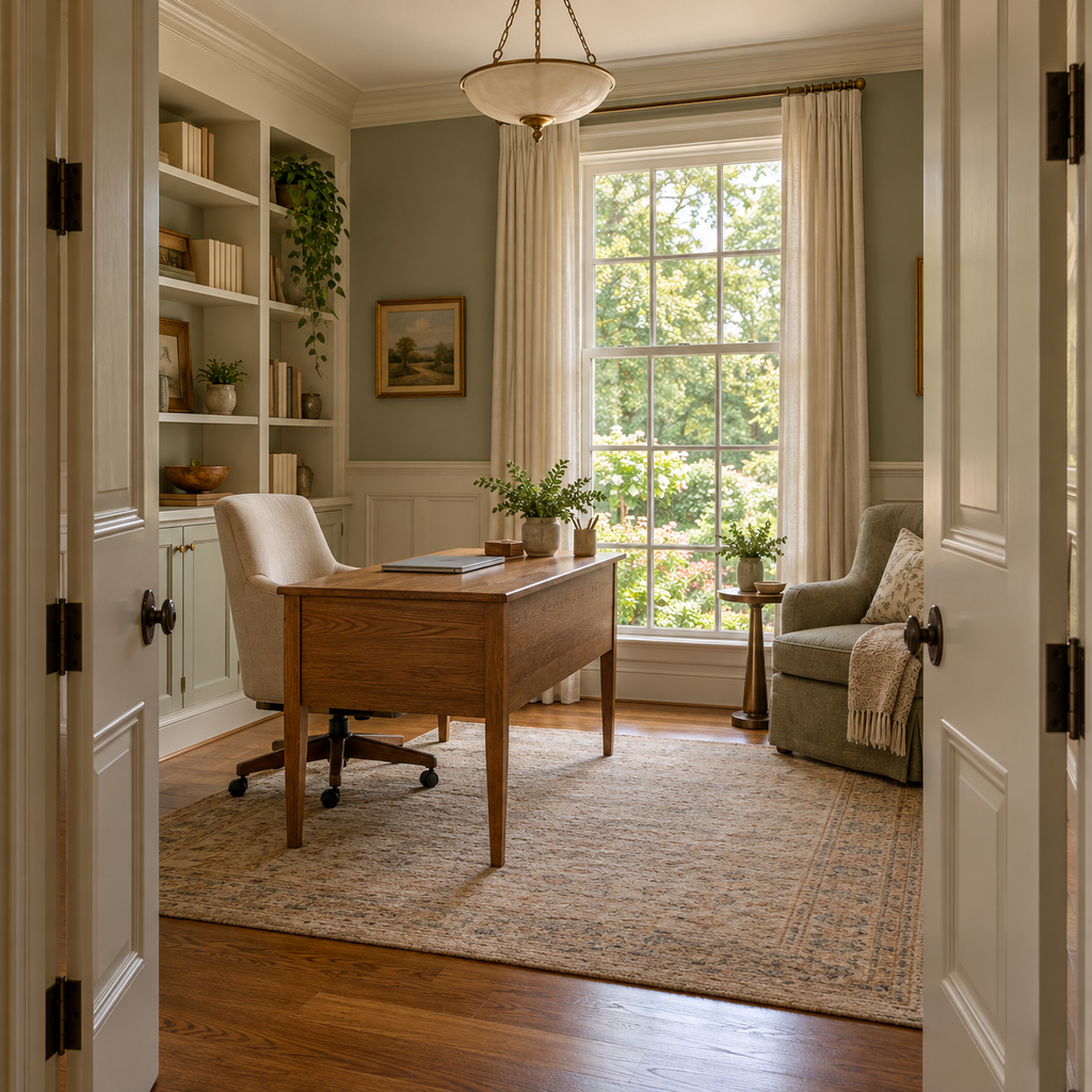 A home office with a wooden desk, built-in storage, and a reading chair sits behind closable double doors.