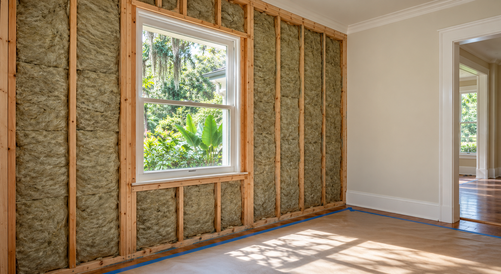 Mineral wool insulation fills exposed wall cavities around a window during a Lafayette home renovati