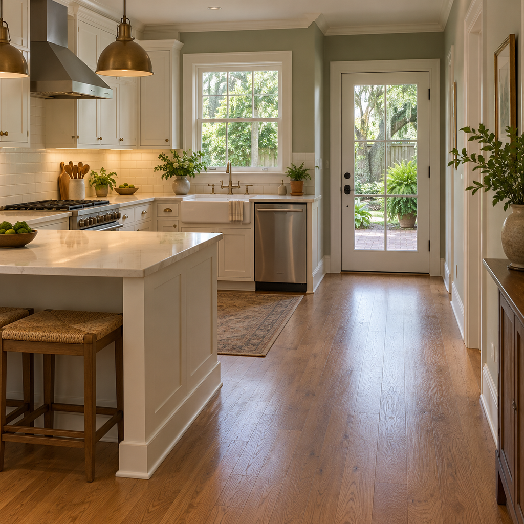 A short kitchen peninsula leaves a clear passage to the back door, with stools tucked away from the walkway.