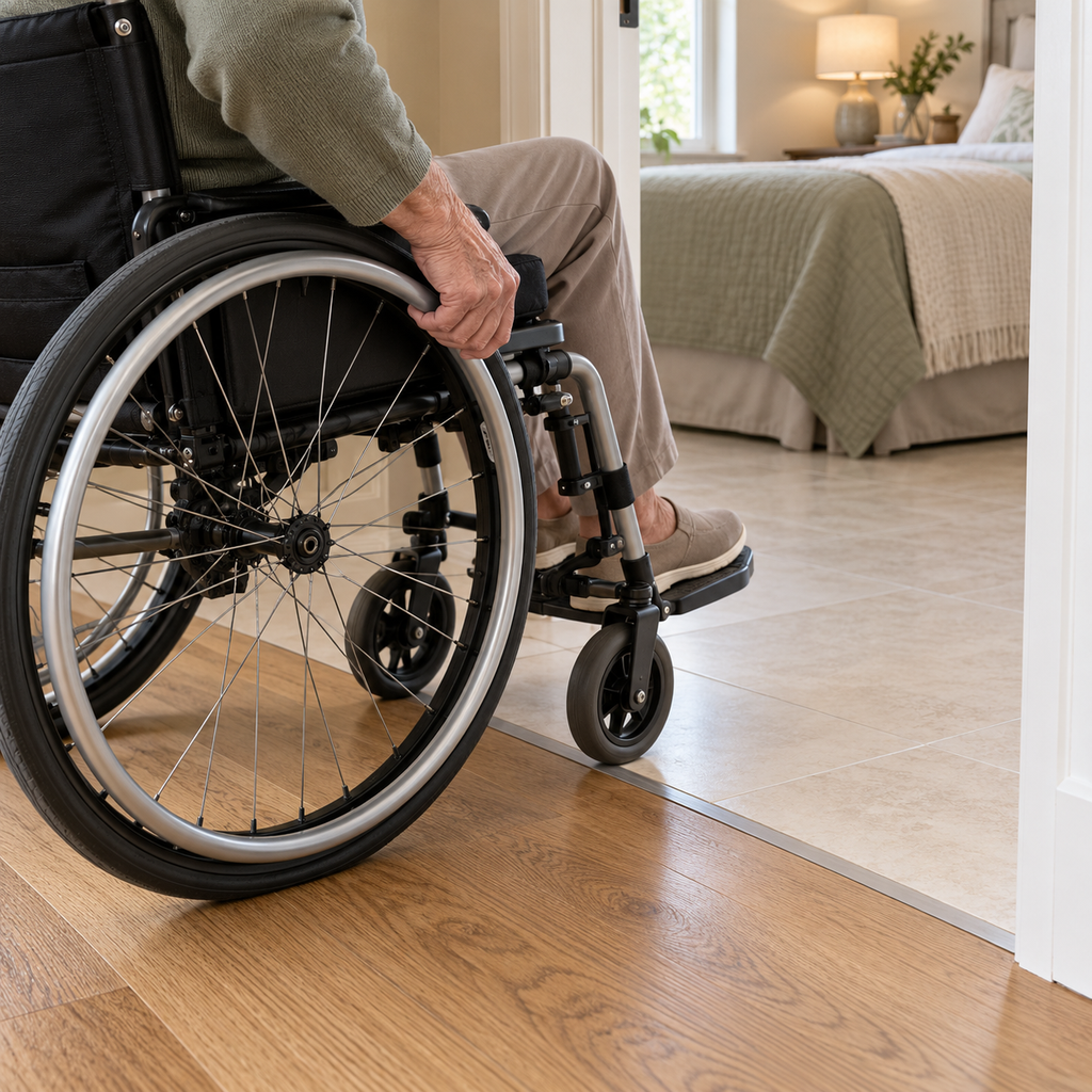 A wheelchair user crosses a flush wood-to-tile floor transition through a bedroom doorway.