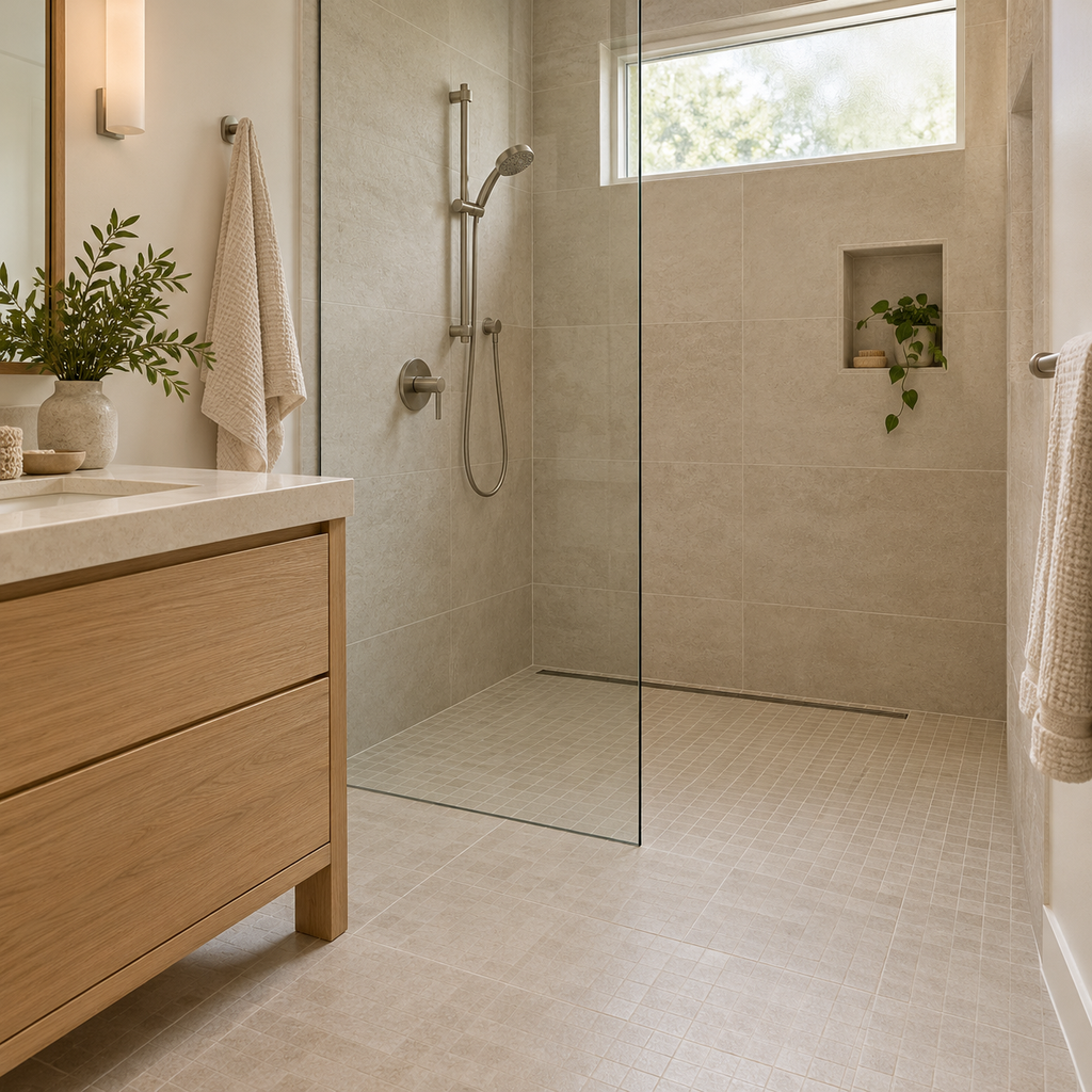 Curbless tiled shower with an open entry, handheld showerhead, and clear floor space beside an oak vanity.