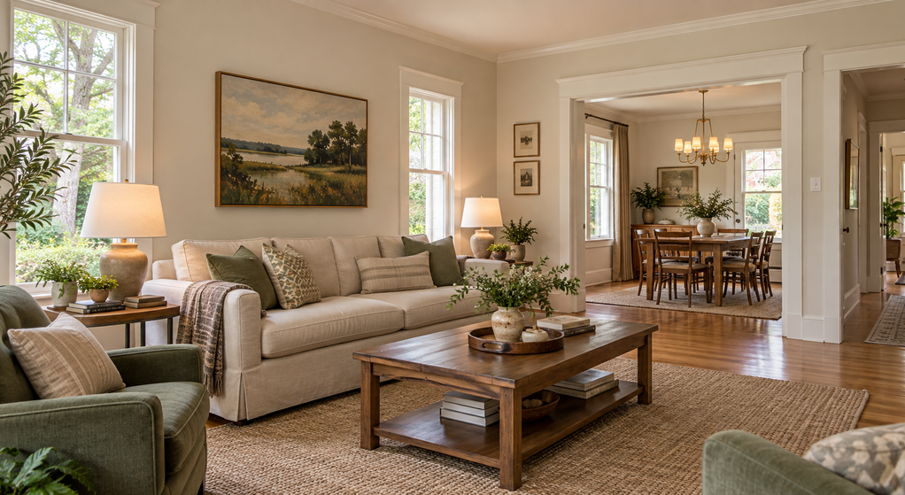 A wide cased opening connects a furnished living room and dining room while preserving useful wall s