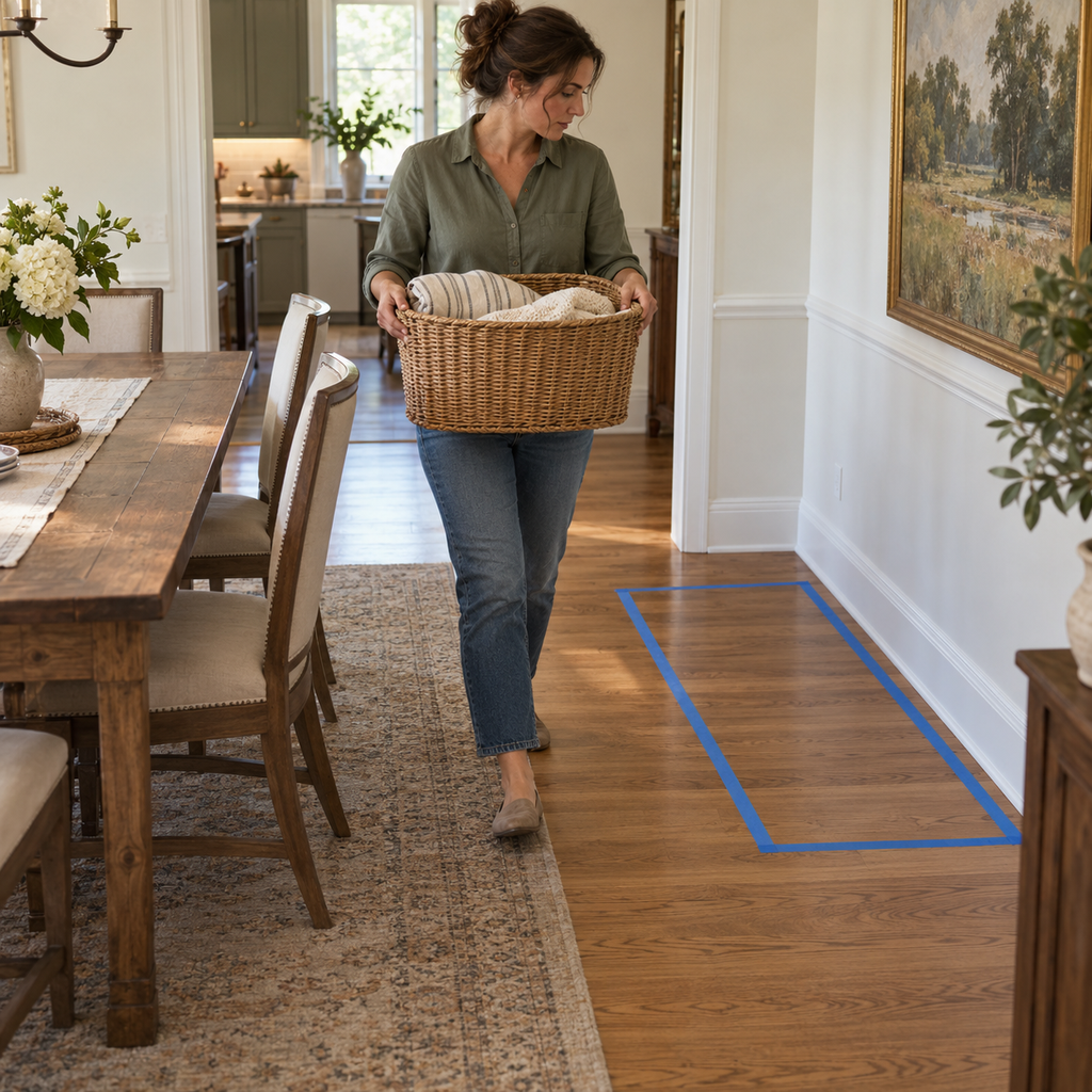 A woman carries laundry past a dining chair and a taped furniture footprint to test the walking route.