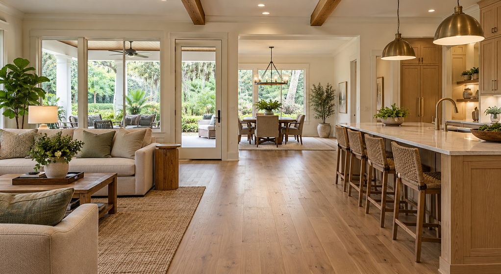 Open walkway connects a renovated living room and oak kitchen, with a covered porch and green yard.