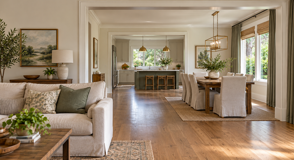 An open walking route connects living, dining, and kitchen spaces through wide cased openings.