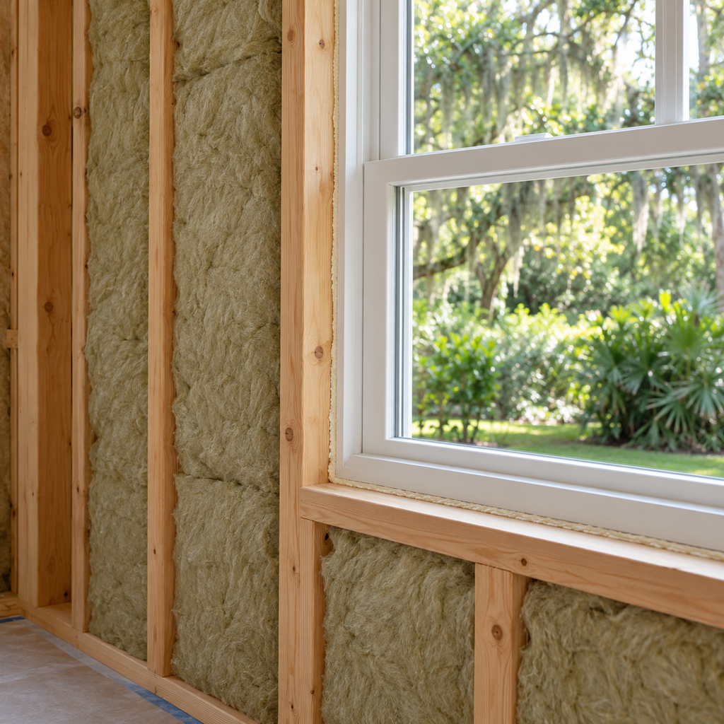 Mineral wool insulation fills exposed wall cavities beside a sealed window overlooking a leafy yard.