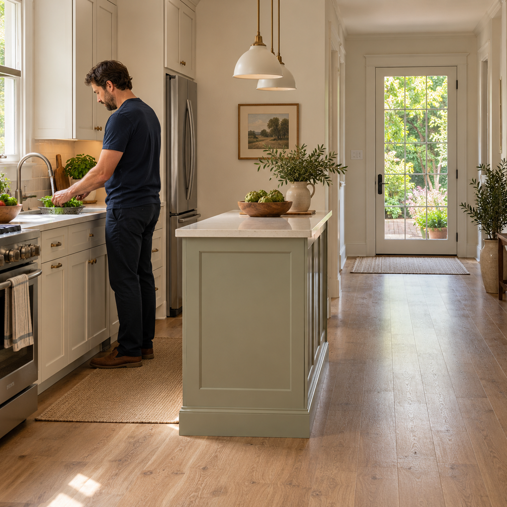 A man prepares vegetables beside a kitchen island, with a separate clear passage leading to the back door.