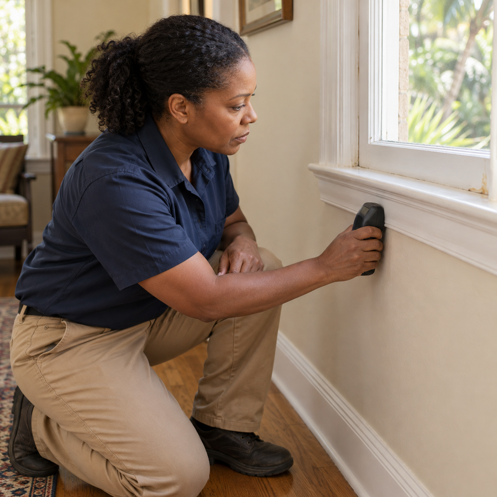 A home inspector checks for moisture beneath a window with a handheld meter.