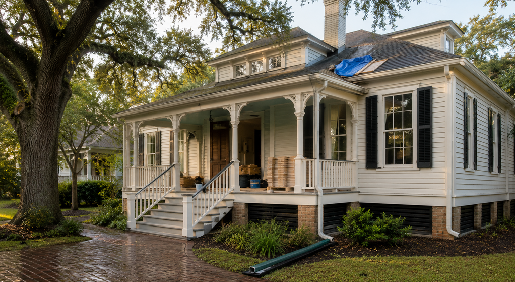 Older Lafayette cottage undergoing careful roof, drainage, and whole-home renovation work.