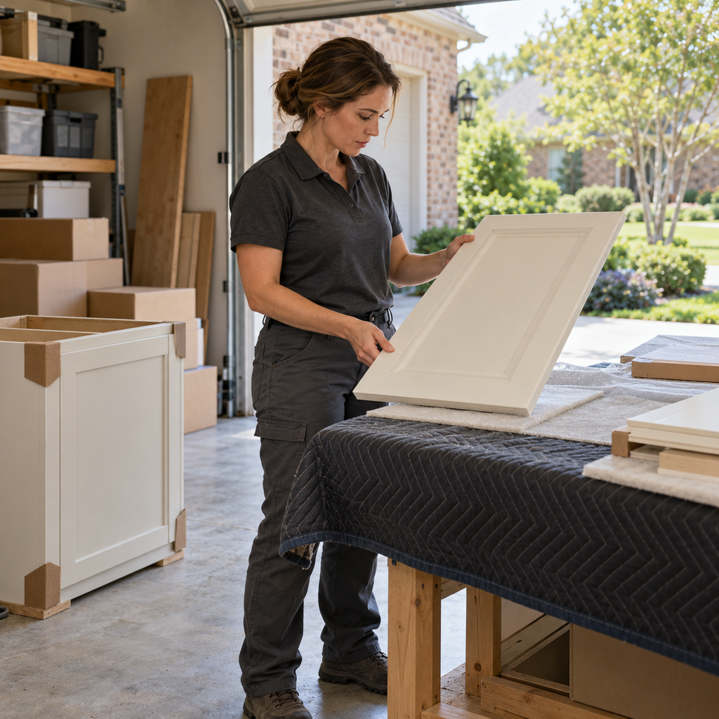 A contractor inspects a delivered cabinet door over a padded workbench before installation.