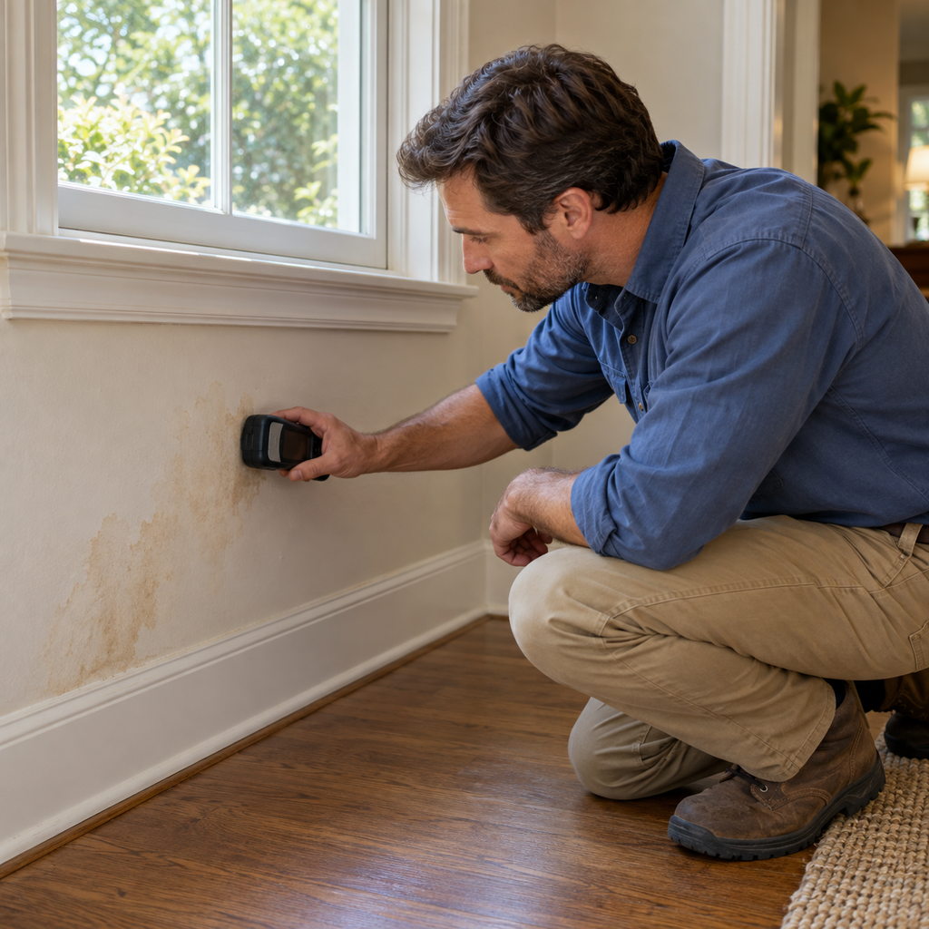 A professional uses a moisture meter on a stained interior wall beneath a window.