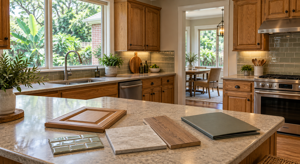 Cabinet, tile, and flooring samples are arranged on an island in an intact kitchen before renovation