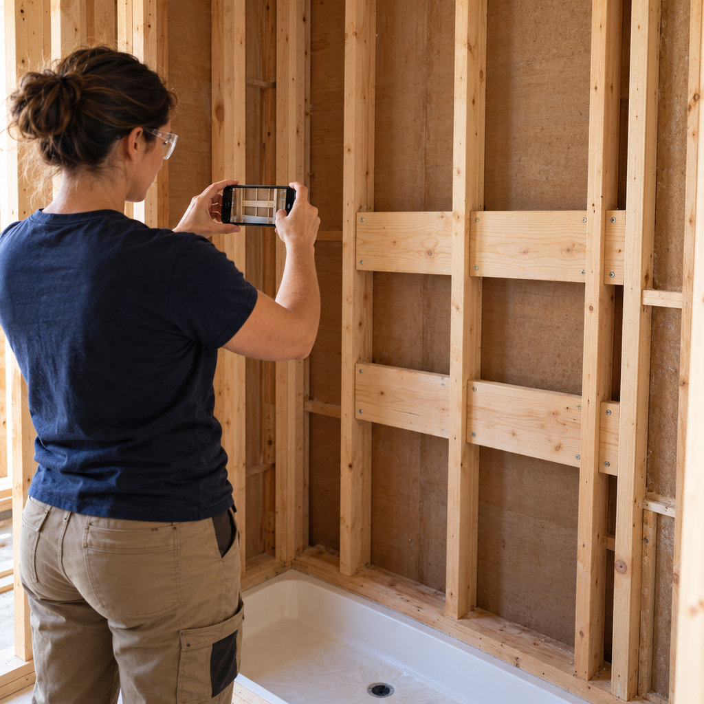Contractor photographs timber reinforcement between bathroom wall studs before drywall installation.