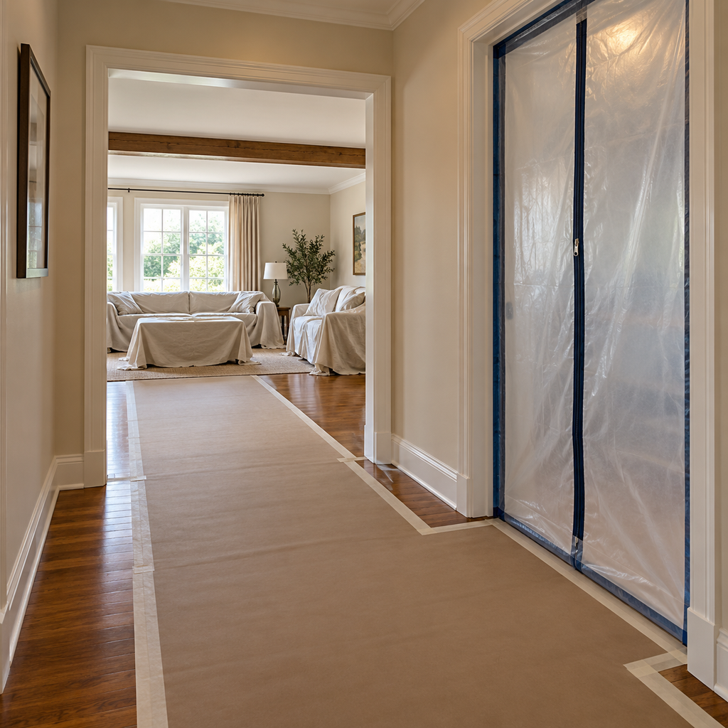 A protected hallway provides clear access beside a zipped dust barrier, with living room furniture covered.