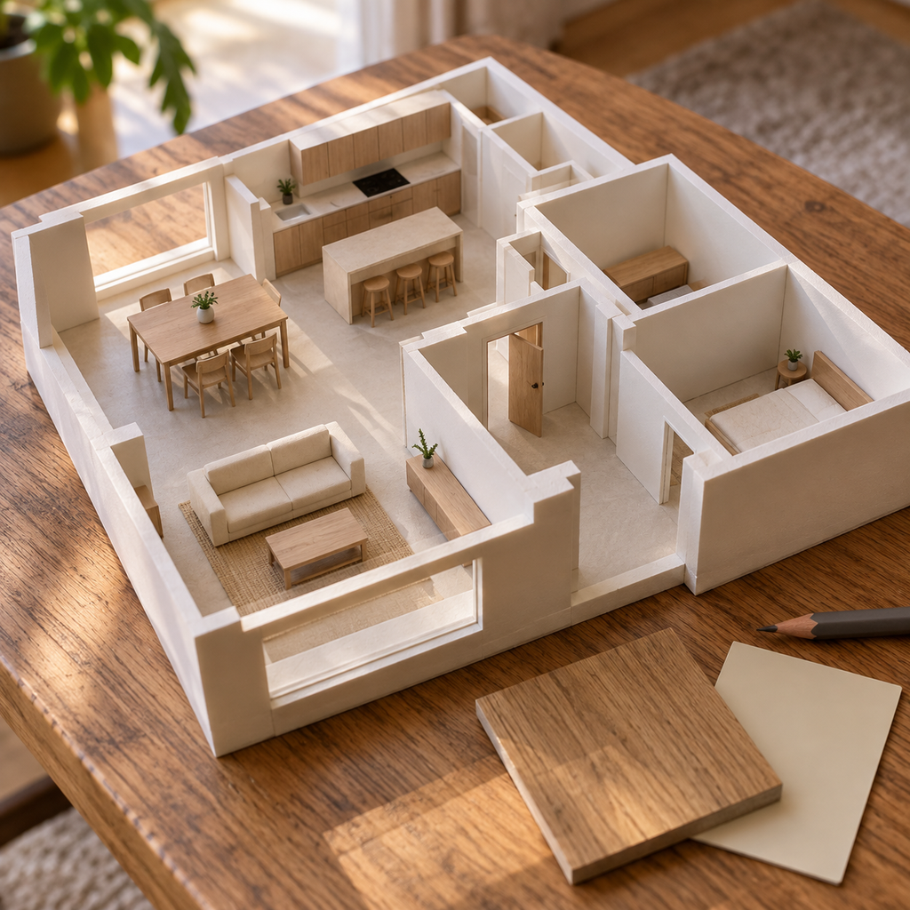 A tabletop house model shows furniture placement, doorway openings, and walking space beside finish samples.
