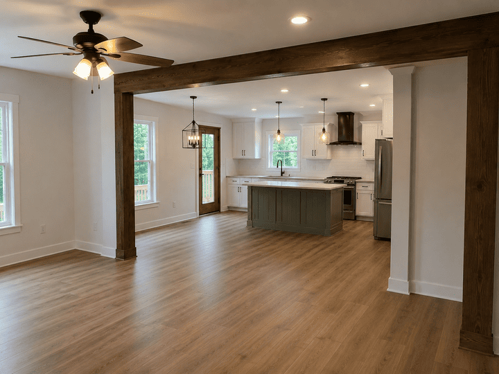 Whole home remodel showcasing open-concept kitchen and dining area with light wood floors, white cabinets, and a central island under pendant lights