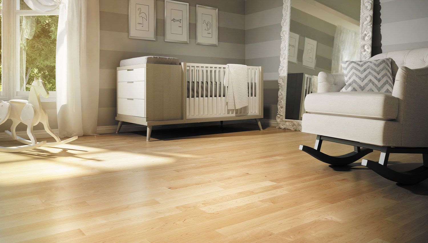A baby room with a crib , rocking chair , and mirror.