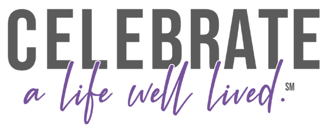 “Celebrate a life well lived” logo in gray and purple script