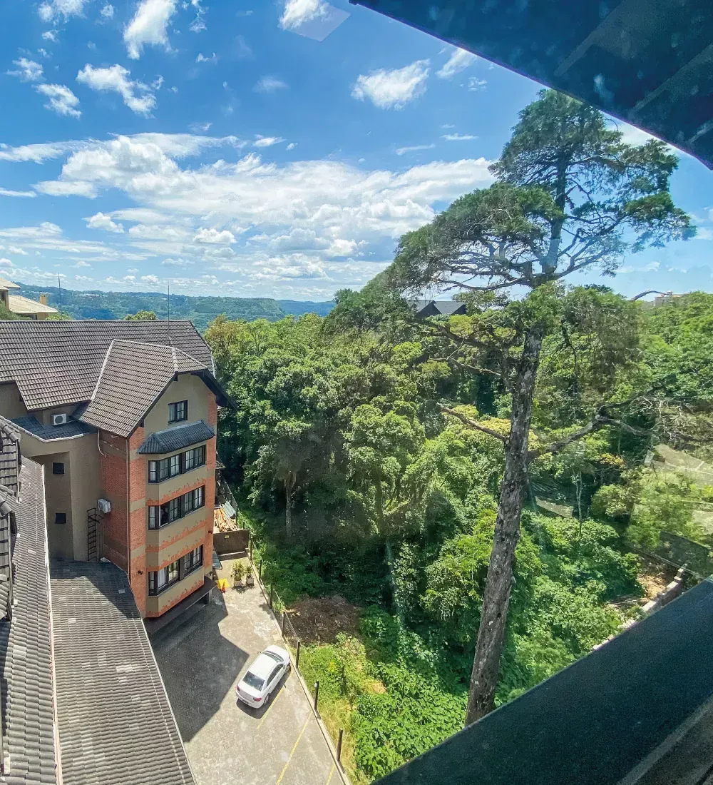 Vista da janela de uma casa geminada, área de estacionamento, pinheiro alto e colinas verdejantes sob um céu azul com nuvens.