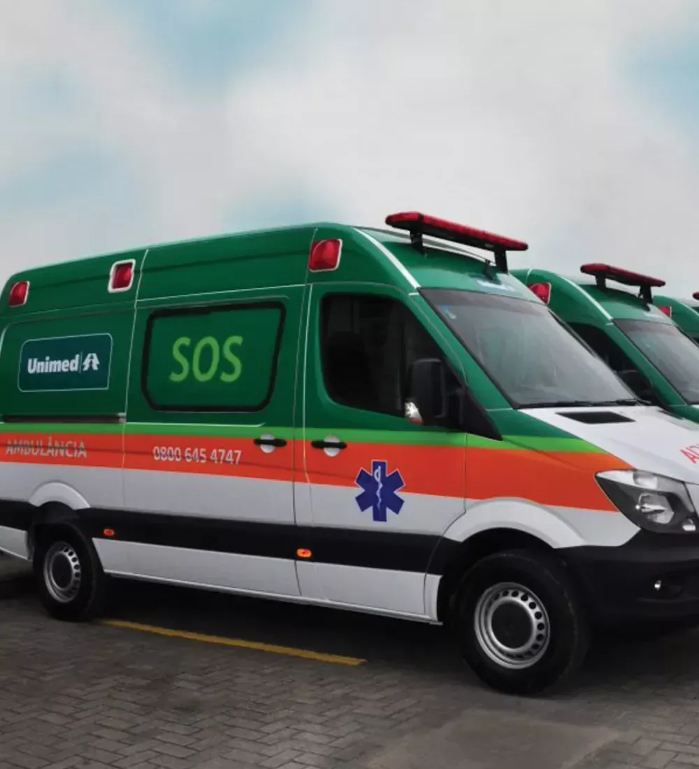 Ambulâncias verdes e brancas com a sigla SOS estacionadas ao ar livre sob um céu nublado.