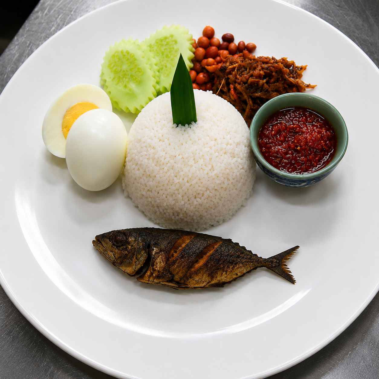 Nasi lemak nyonya with asam fish and sambal belacan