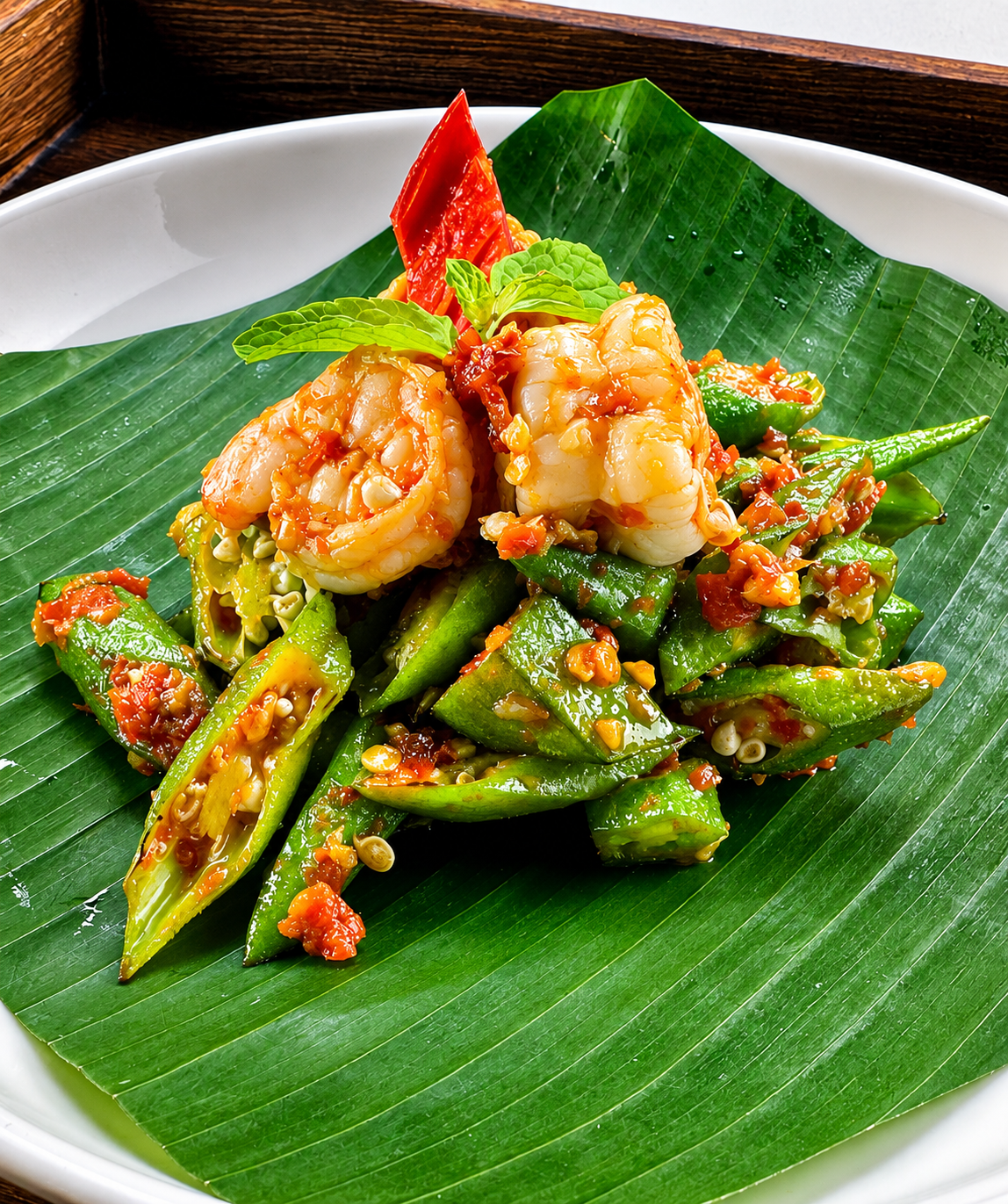 Fried ladies finger with prawn and sambal